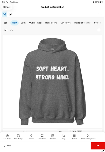 Maravae Healing Affirmation Hoodies - Emotional Wellness Collection
Then inside that product:
Variant 1: Healing Made You Stronger
Variants = Hoodie color (Black, Gray)
Variant 2: Calm Is Power
Variants = Hoodie color (Black, Navy)
Variant 3: A Man With P